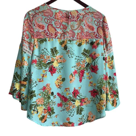 Fig & Flower Women Top S Turquoise Floral Boho Cottage Grandma Peasant Hippie‎ - Picture 3 of 11